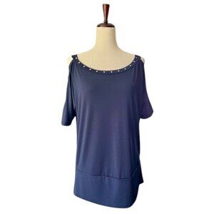 Cache Women Blouse Shirt Navy Blue Round Neck Cold Shoulder Short Sleeves M NWOT